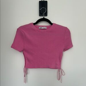 Zara Pink Fitted Crop T-Shirt with Tie Front